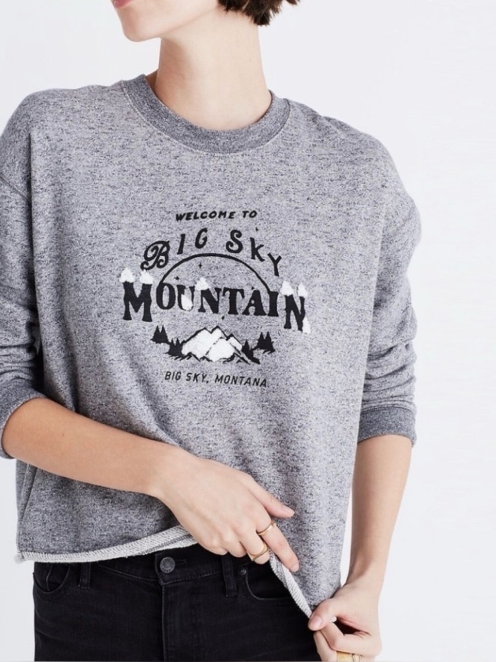 Madewell Big Sky Mountain Grey Graphic Sweatshirt, Cropped, Raw Hem
